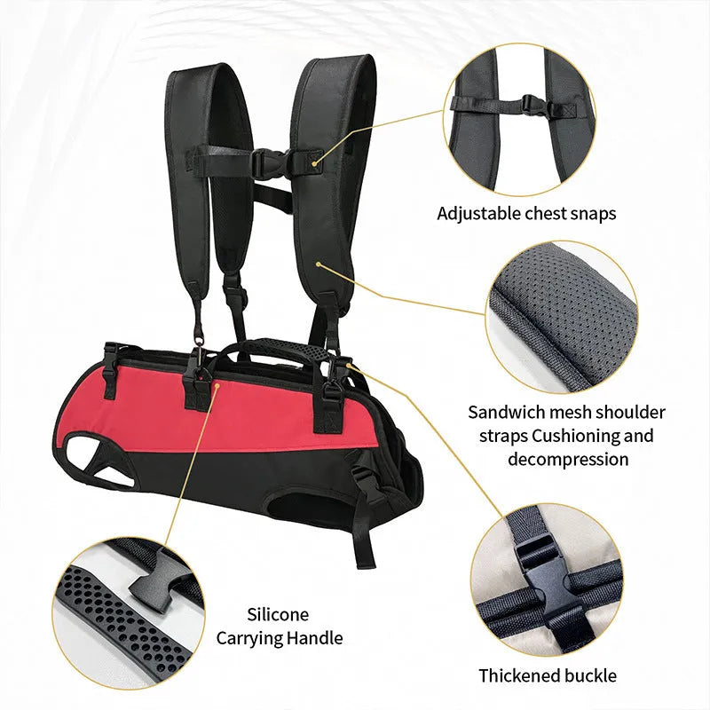 Soft Oxford cloth pet backpack shown in black, functioning as both a carrier and an emergency walking stretcher for dogs.
