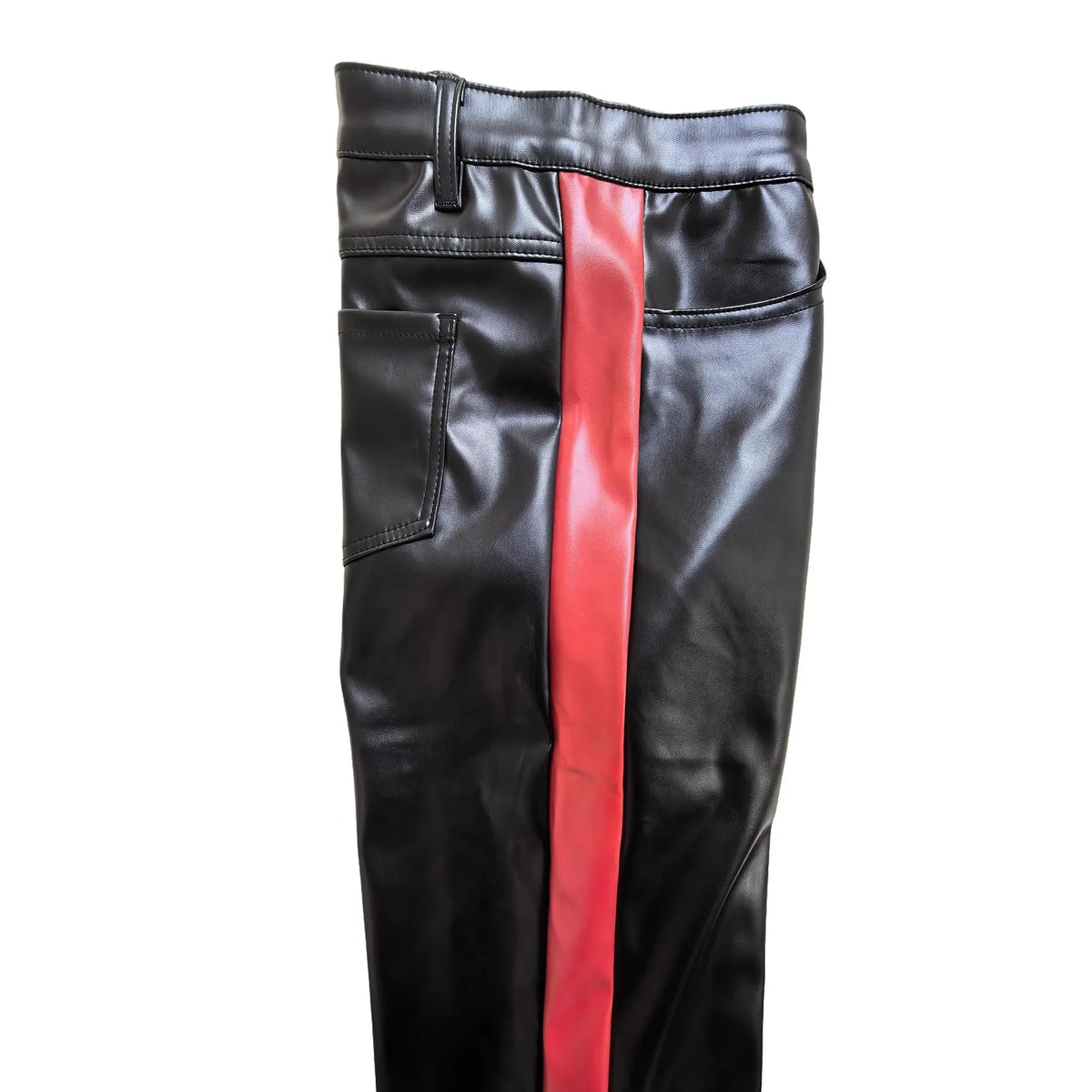 Black PU leather cropped motorcycle trousers, skinny fit, mid waist, button fly, sizes XS-XXL