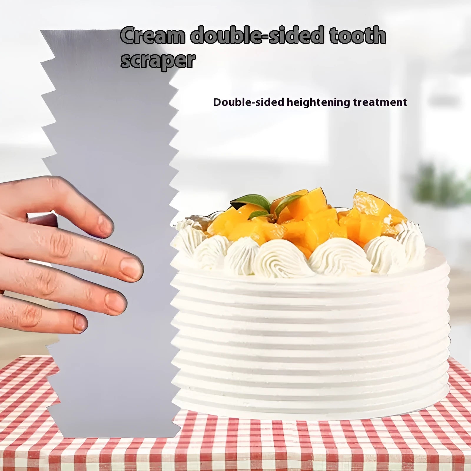 Stainless steel cake cream scraper tool with multiple polygon pattern edges for decorating.