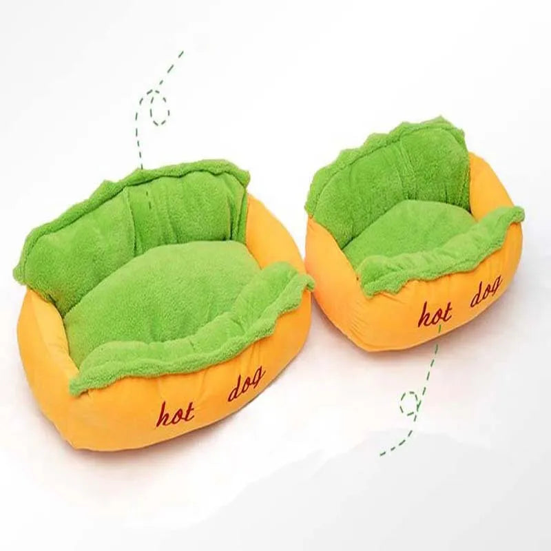 Brown hot dog bed with removable cushion for small medium large dogs