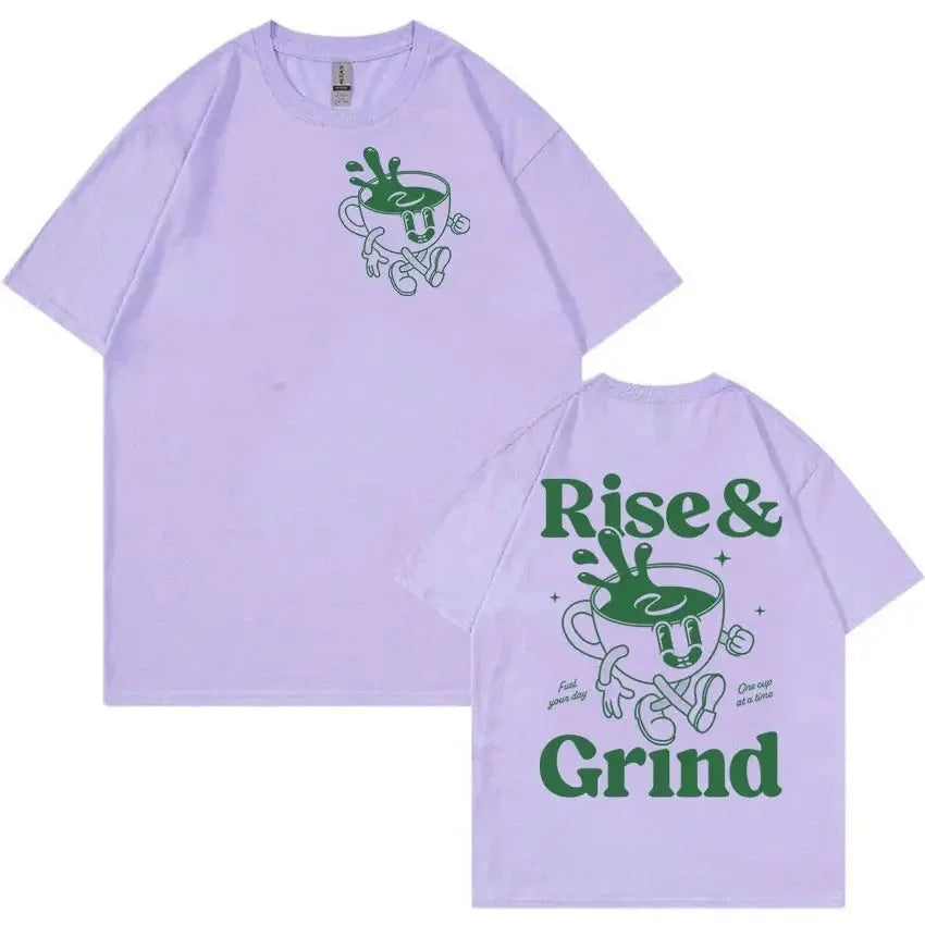 Man wearing a loose-fit linen t-shirt with a 'Rise And Grind Green Coffee Fun Expression Bag' cartoon graphic print.