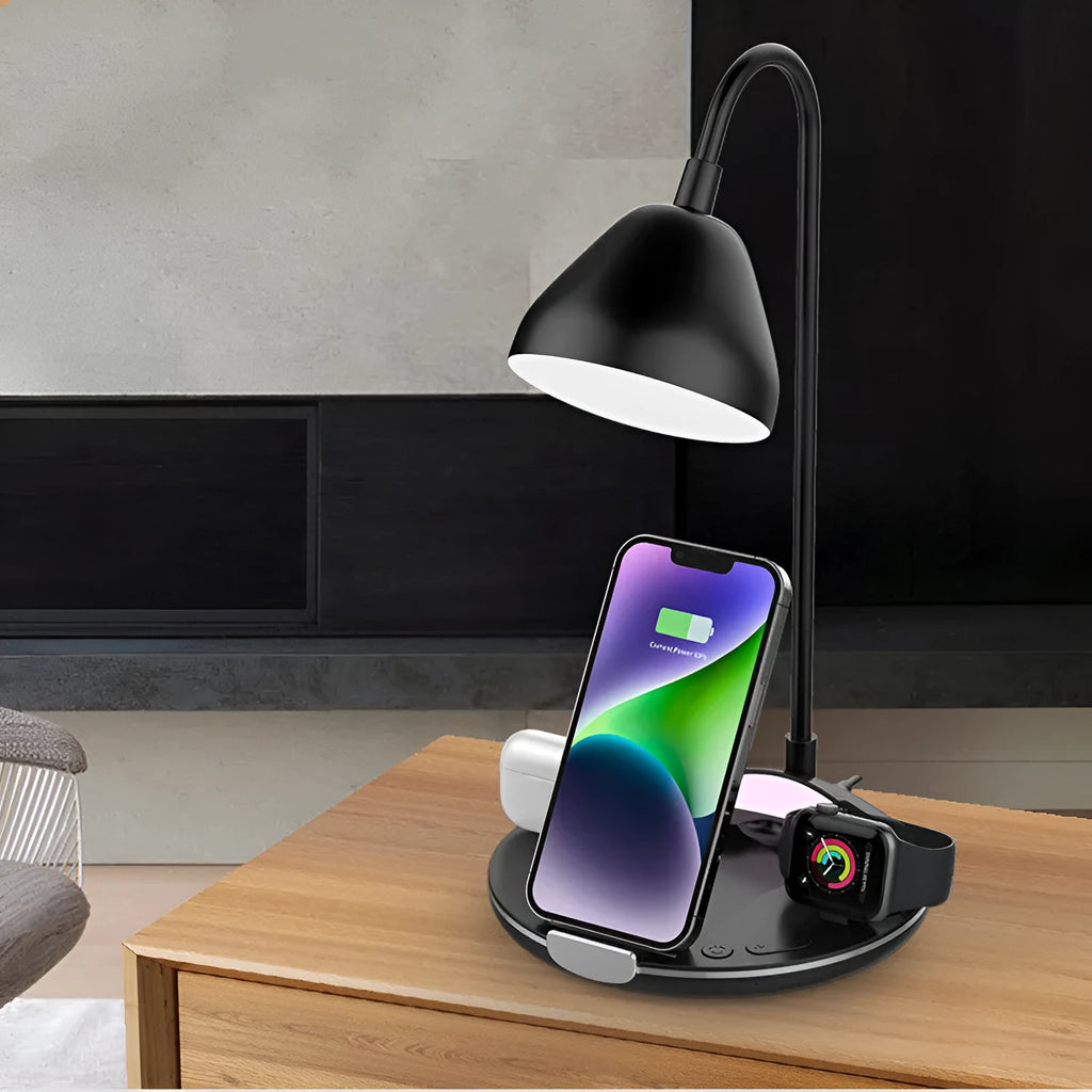 Black and white magnetic folding wireless charger showing folded and unfolded positions