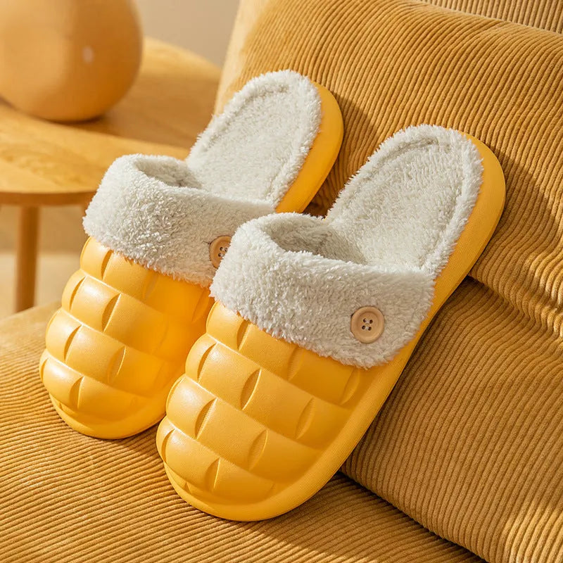Plaid patterned detachable EVA slippers with plush lining shown in pink, green, yellow, white, grey and black.