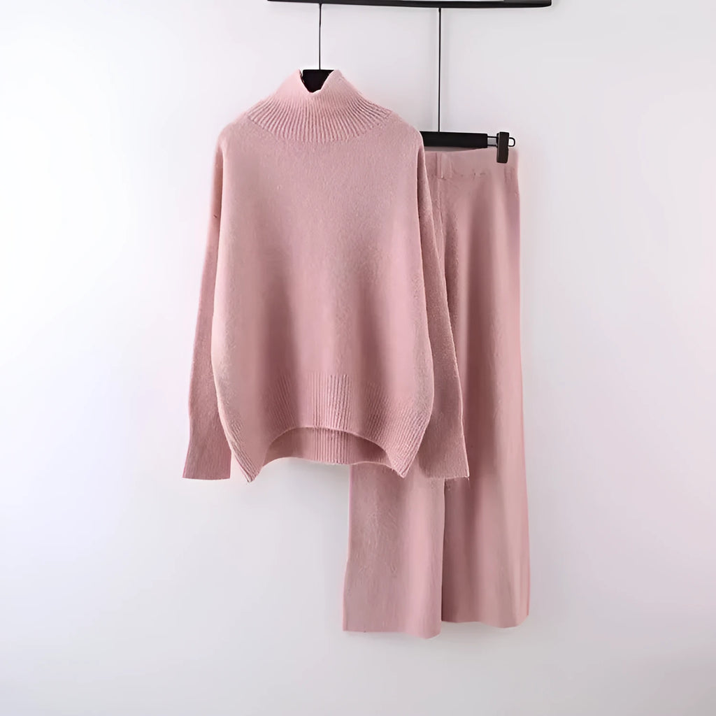 Women's casual sweater and wide leg trousers two-piece set in solid colour