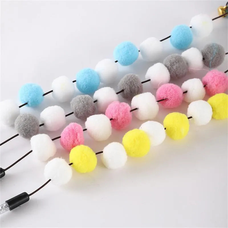 31cm long cat teaser stick with bell and contrast pompon feather toy in blue colour