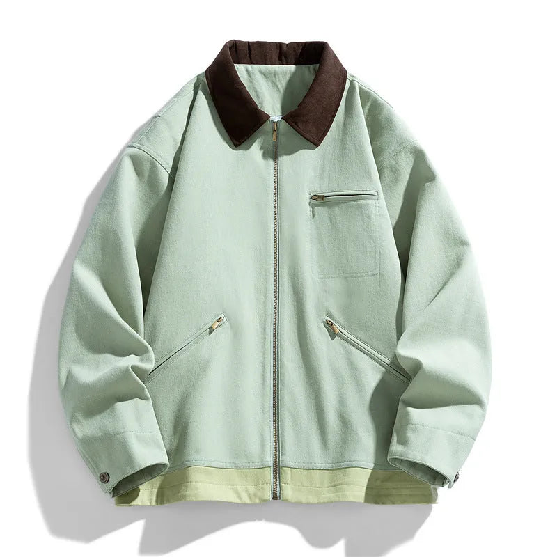Men's Korean style loose fit jacket with contrast lapels in polyester fabric