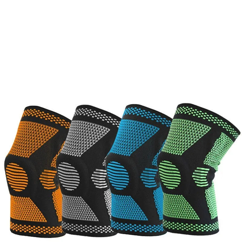 Sports fitness silicone spring knee pads in green, blue, white, orange colours for leg sizes 35-55cm.