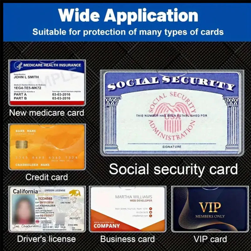 Transparent PVC social security card holder wallet, showing dimensions of 9.7 by 5.9 centimetres.