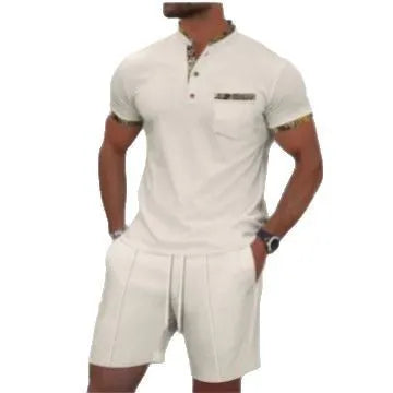 Men's grey waffle texture zipper polo short sleeve top with matching shorts laid flat