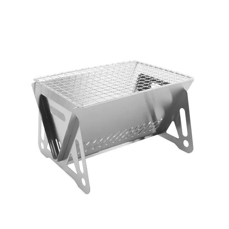 Folding stainless steel barbecue oven with grill rack, shown with storage bag