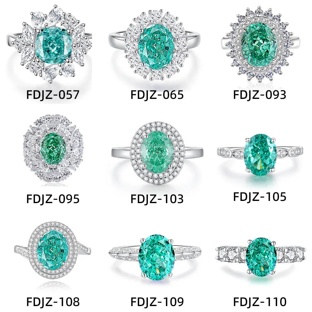 Women's S925 silver emerald ring with geometric band and oval-cut high-carbon diamond centre stone.