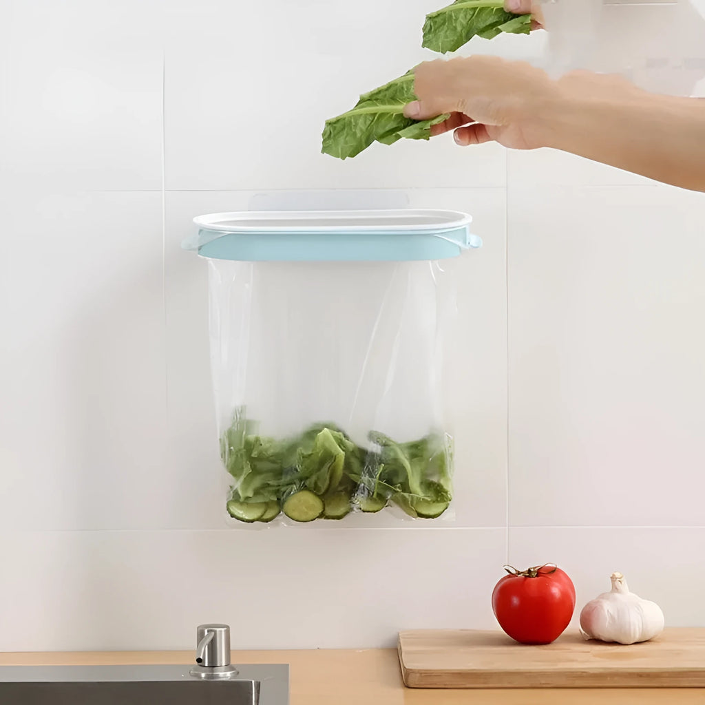 Blue plastic kitchen garbage bag storage rack mounted under cabinet holding bin liners