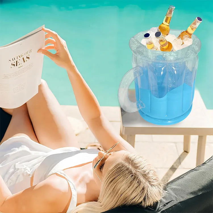 Yellow inflatable PVC ice bucket designed for beer steins, deflated for portable transport