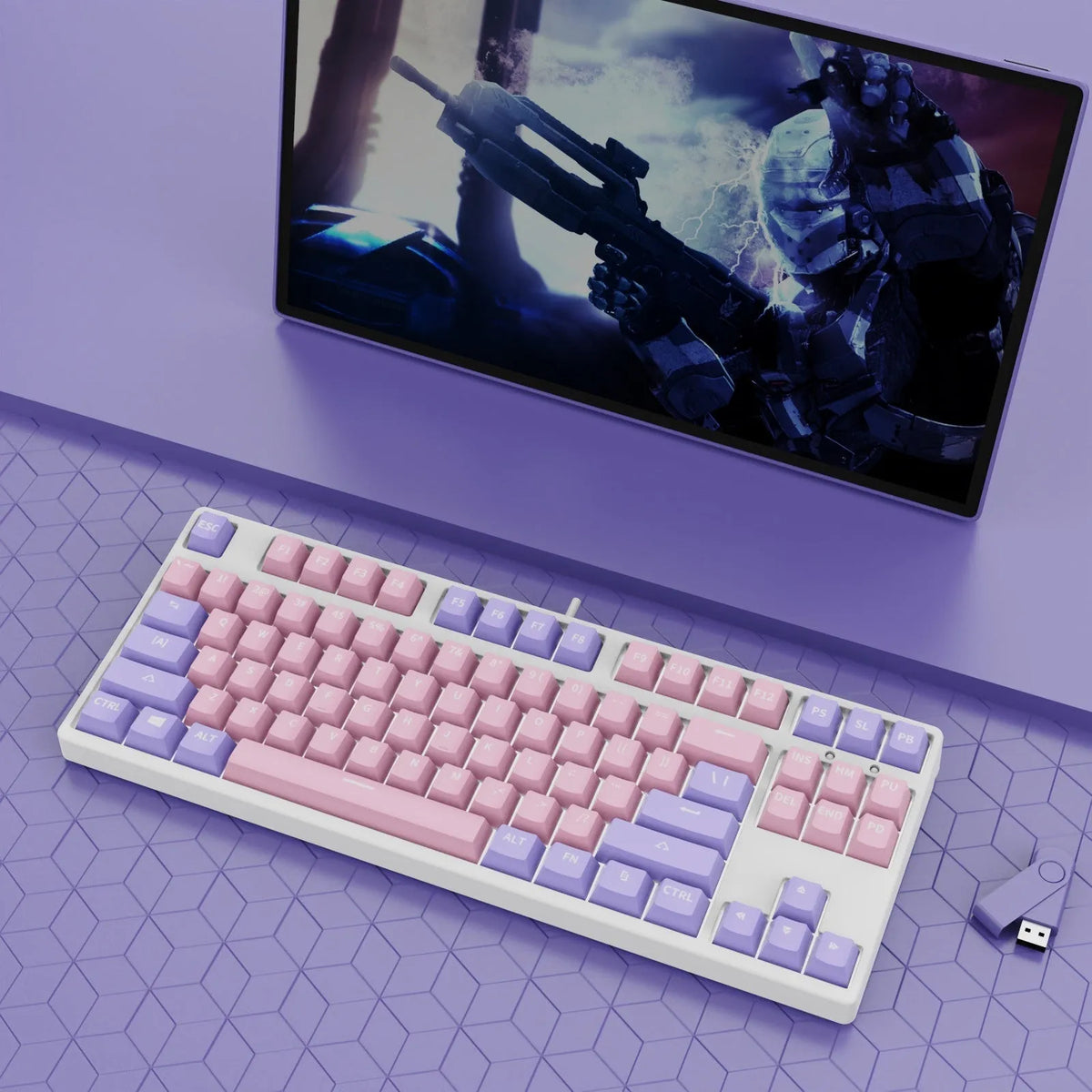 87-key wired mechanical keyboard with hot-swappable switches showing two-tone colour options