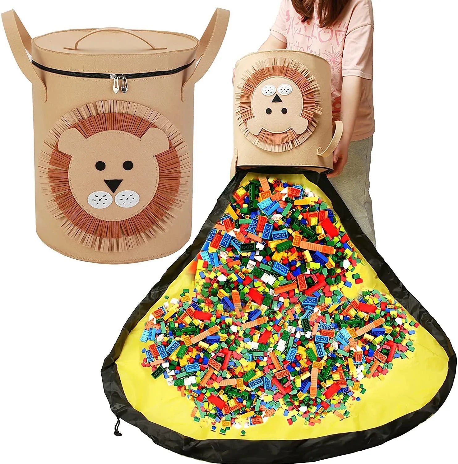 Green felt cube storage bag with pull rope, laid flat as a play mat