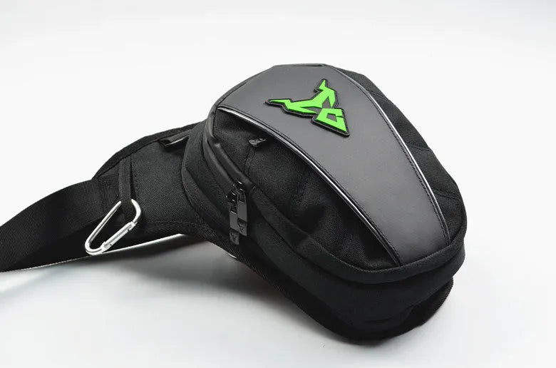 Motorcycle leg bag in red blue green grey colours with adjustable depth and crossbody shoulder waist carry options