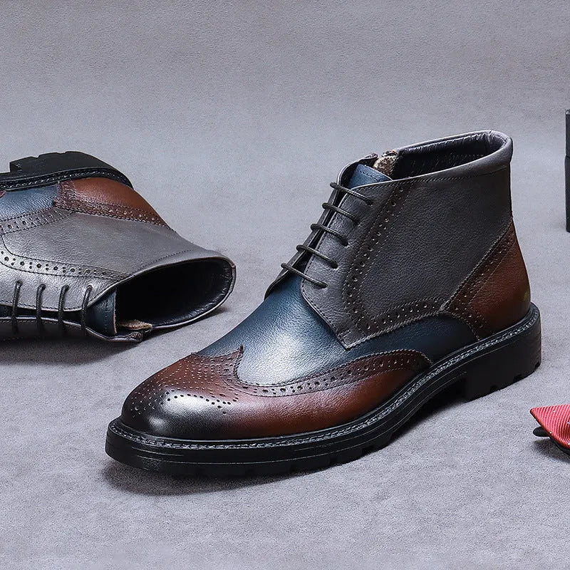Men's curry blue leather brogue boots with carved stitching and front lacing