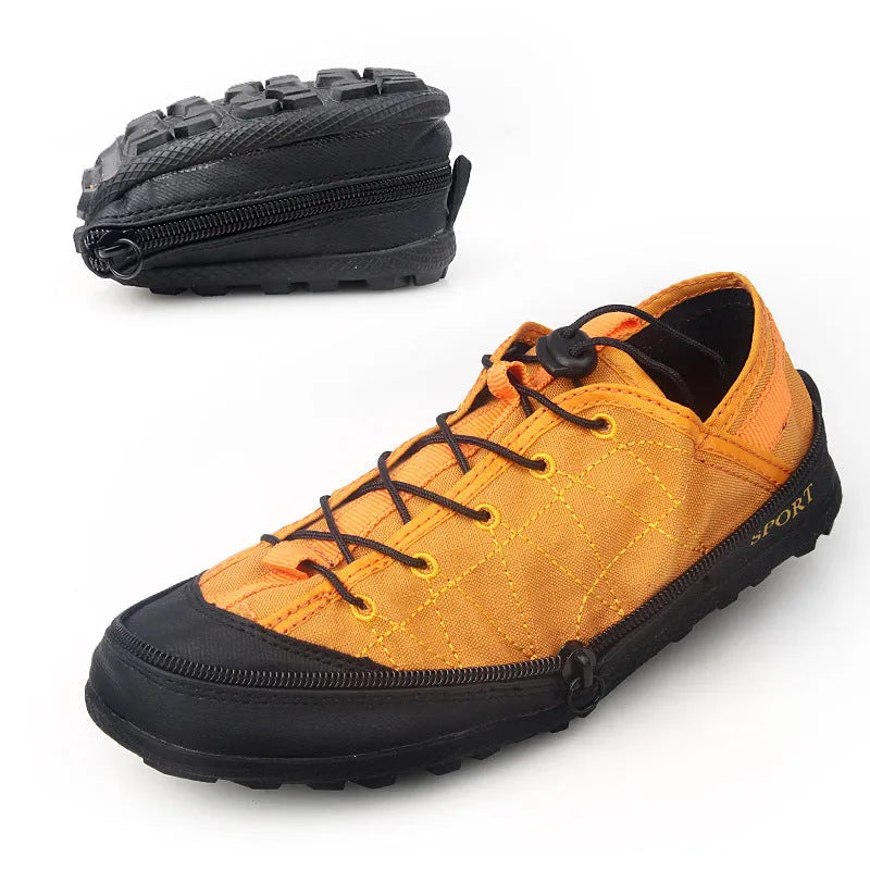 Portable folding outdoor shoes in orange colour with mesh upper and side zipper, shown folded and unfolded.