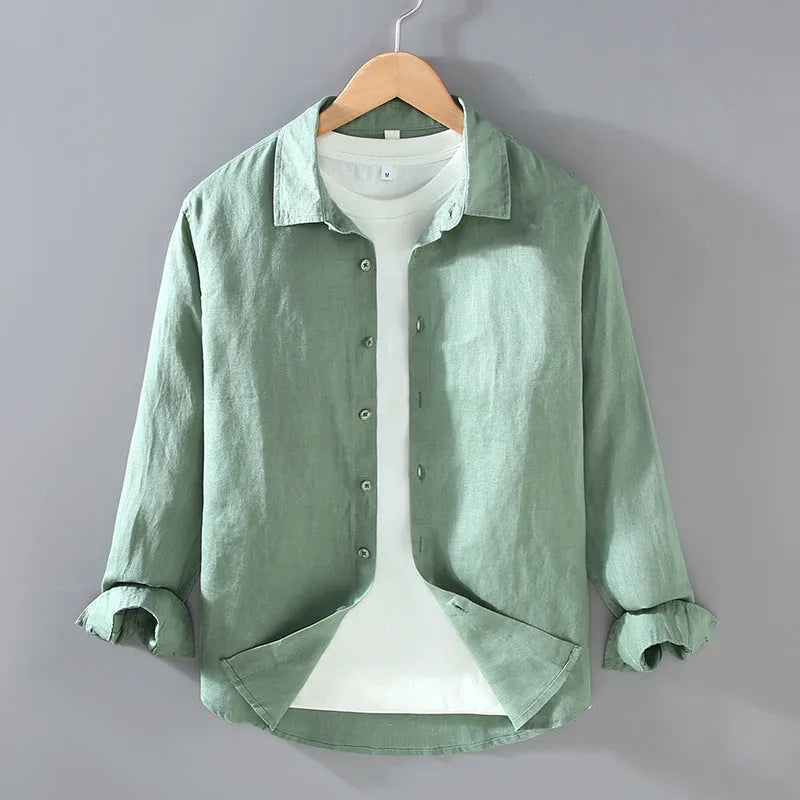 Men's pure linen cardigan-style shirt in solid colours showing long sleeves and simple design