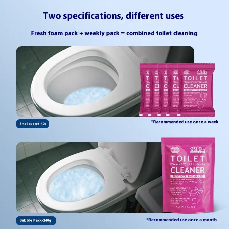Toilet bubble powder cleaner in blue or pink fragrance, in a 240g bag or box of 40g sachets.