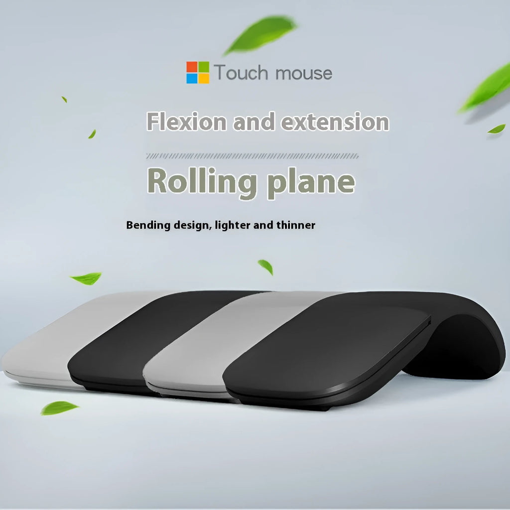 Bluetooth folding touch wireless mouse in black showing compact folded design
