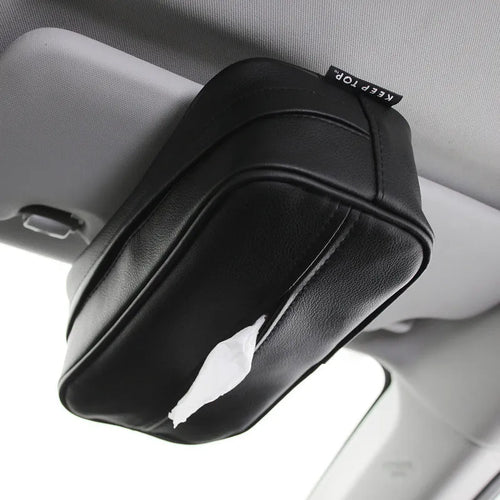 Black leather car hanging storage box with open top, shown next to a beige medium-sized version.