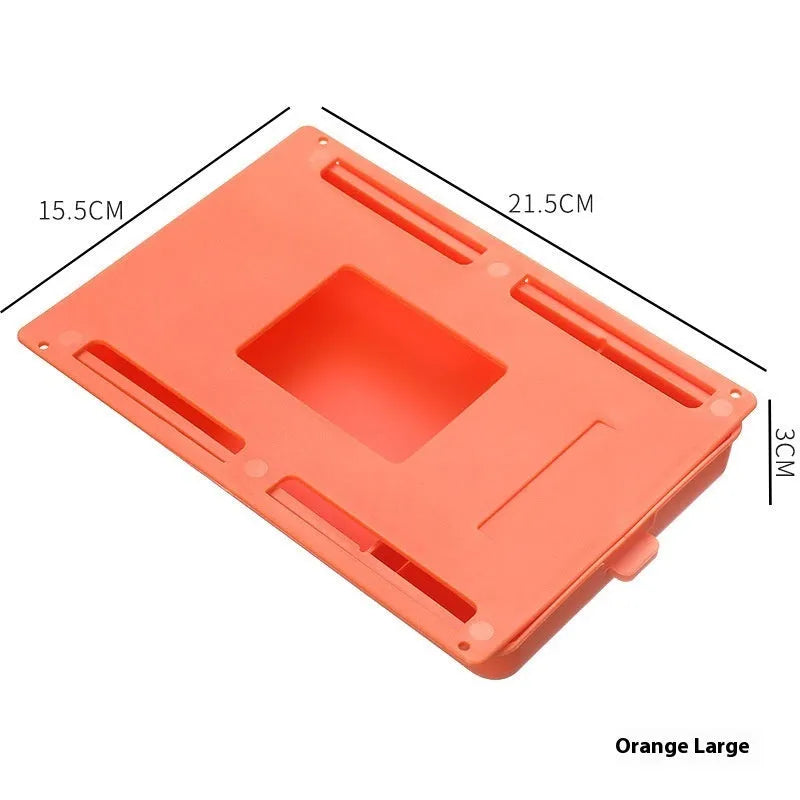 Adhesive under-table storage drawer in plastic with covered lid and interior grid