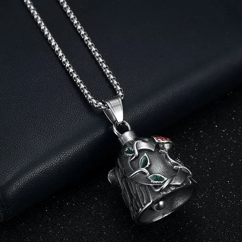 Titanium steel motorcycle lucky bell with polished vintage finish and double-sided epoxy rose design