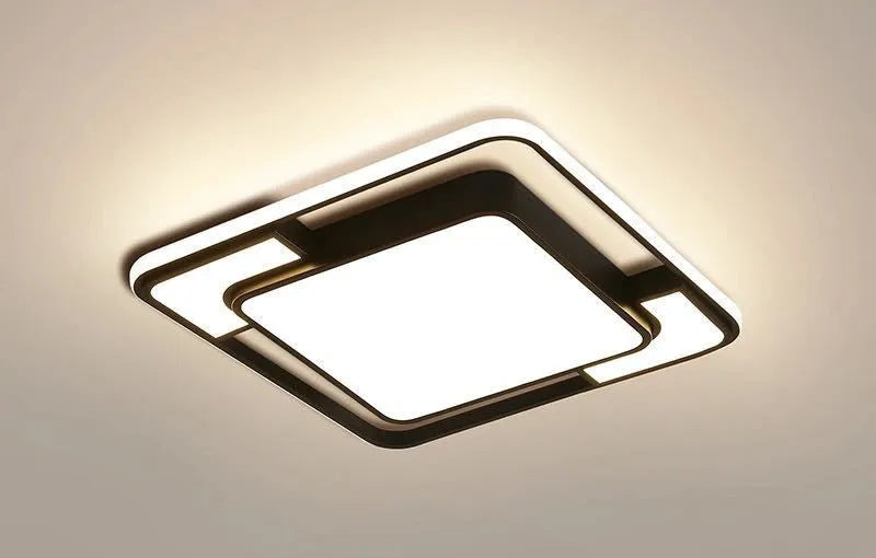 Square white iron LED ceiling lamp with a 42cm width and 5cm height.