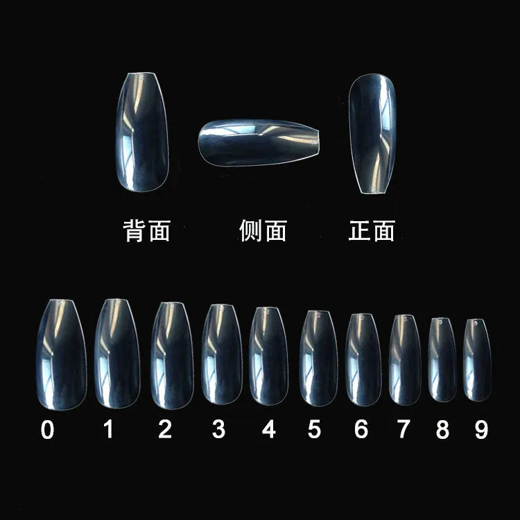 500 transparent false nails in various sizes on a white background, showing clear and natural colour options.