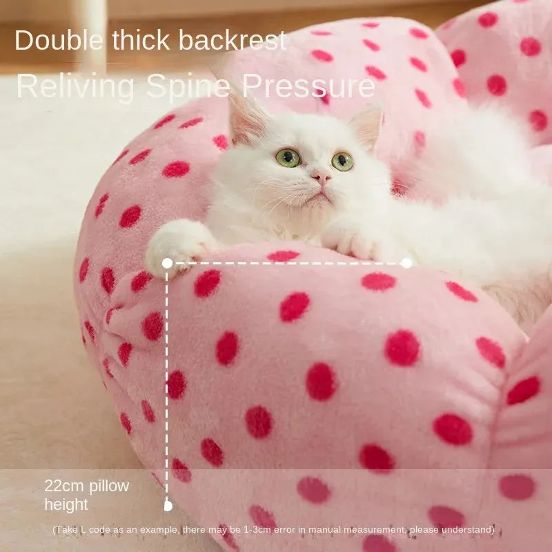 Pink dot fabric cat bed with fully cushioned design in 45cm and 65cm diameter sizes