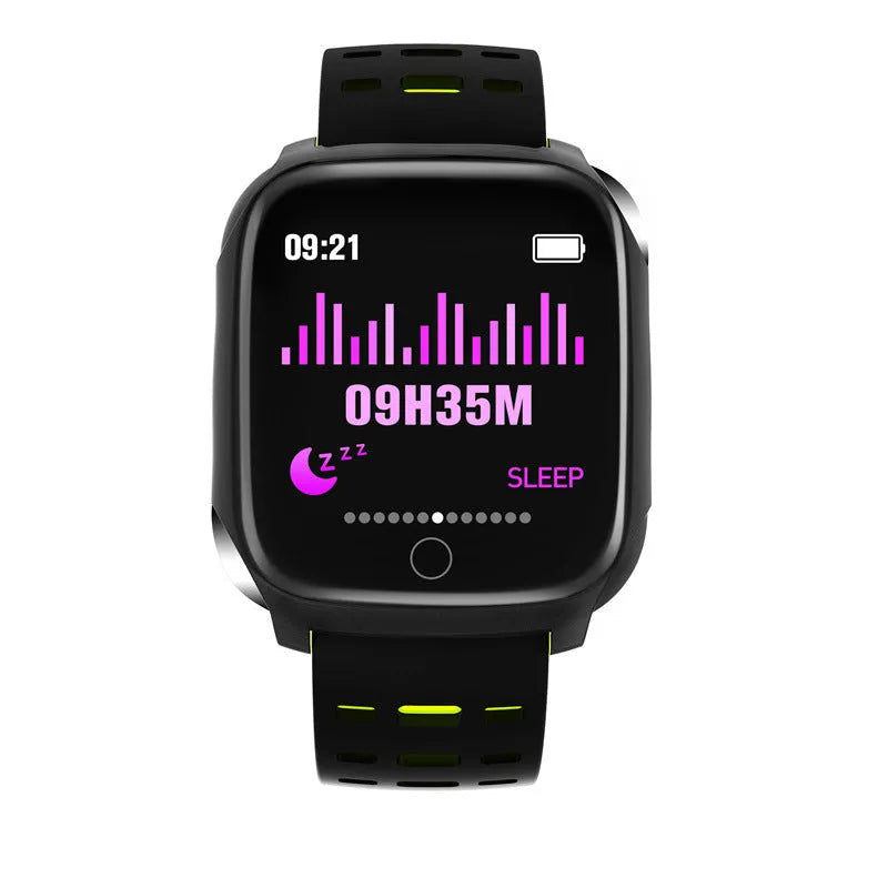 F16 Smart Watch in black grey colour on a silicone wristband, showing the IPS touchscreen display.