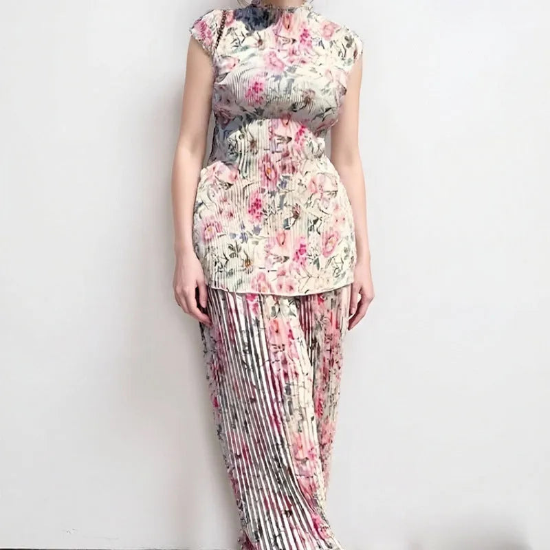 Long sleeve printed chiffon dress set with matching top and high waist design