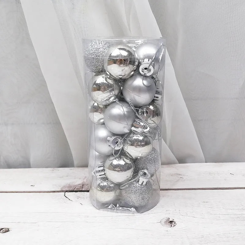 Assorted shiny matte 3cm Christmas balls in red, gold, silver, blue, and pink colours.