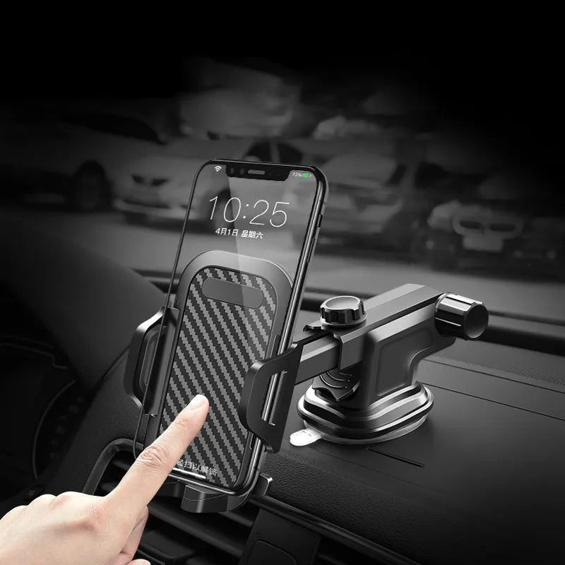 Black ABS and EVA car phone holder mounted on a windscreen, suitable for mobile phones between 4.0 and 7.0 inches.