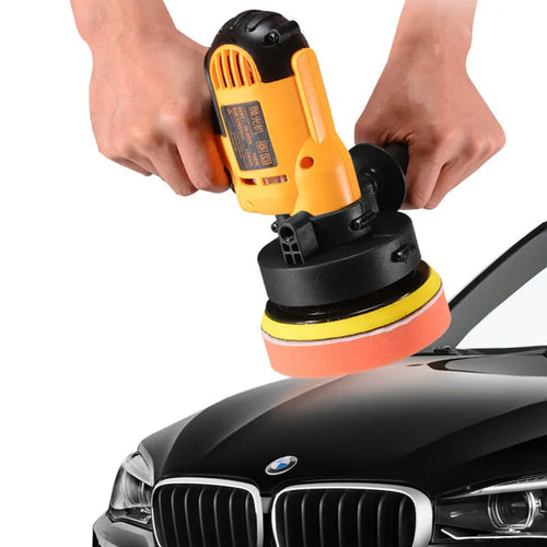 Yellow automotive polishing machine with a 125mm disc, 700W power, for cars, wood, tiles, and leather.
