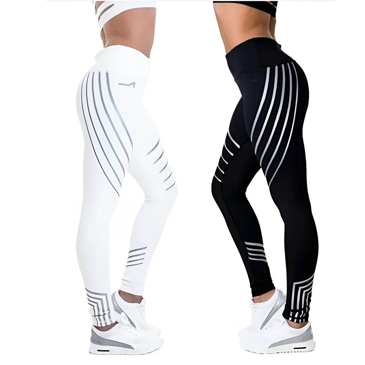 Women's black workout leggings with glow-in-the-dark print pattern for fitness activities