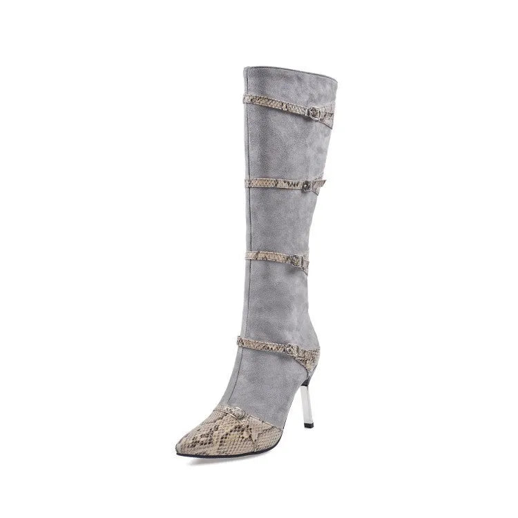 Women's grey and black knee high boots with thin high heels for autumn wear