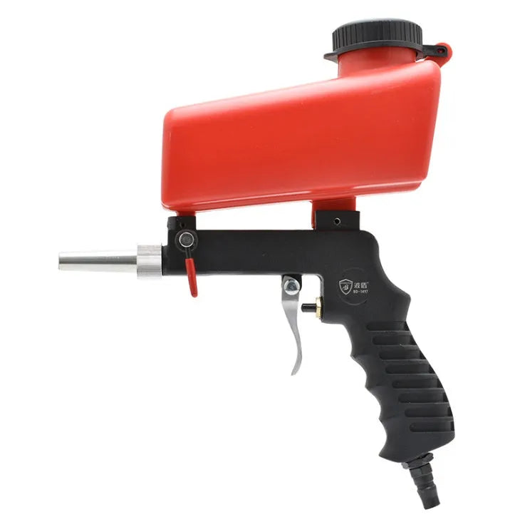 Portable small gravity feed pneumatic sandblasting gun with tank, shown in black or blue.