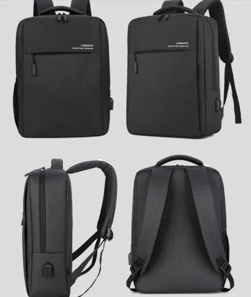Black waterproof rechargeable laptop backpack with shoulder straps, showing front compartment