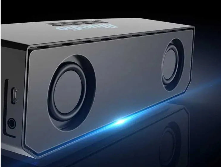 Black cloud smart speaker with compact design showing dimensions and Micro-USB charging port