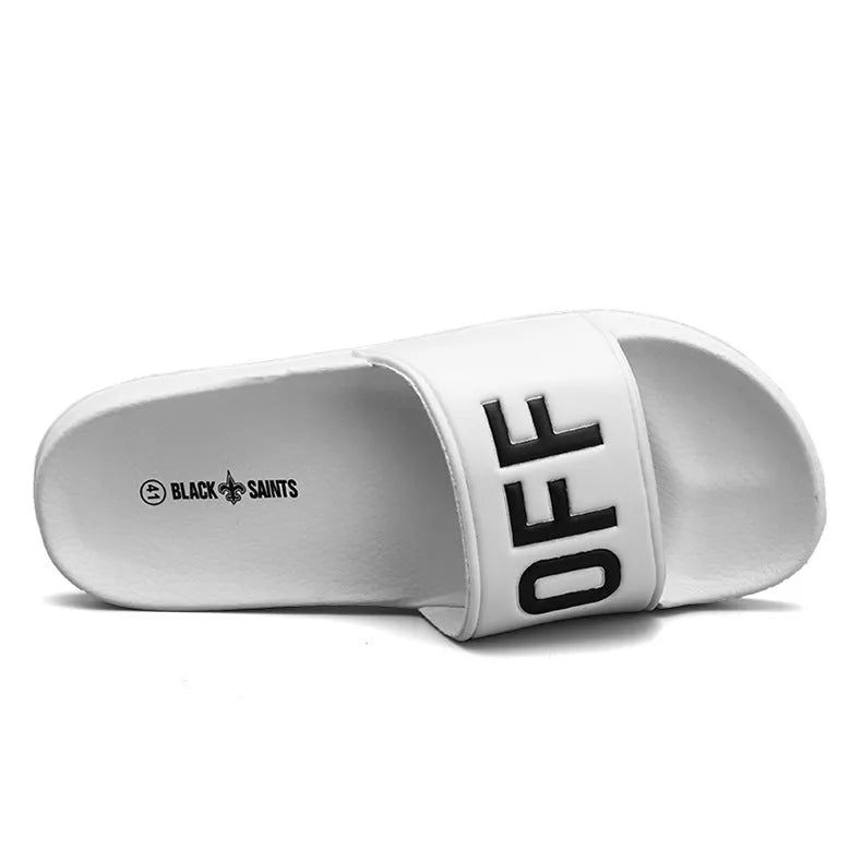Men's black open toe personalised slippers with rubber sole showing European size markings