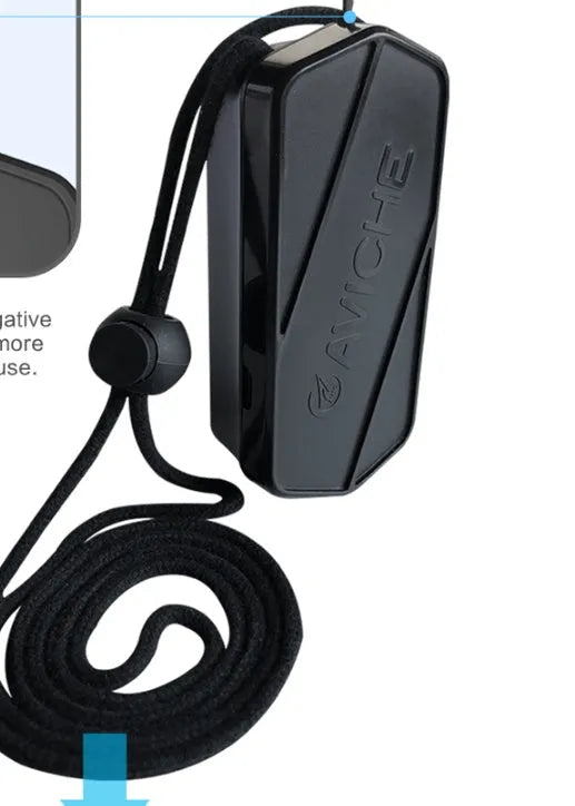 Black wearable air purifier necklace device with USB charging port, shown actual size.