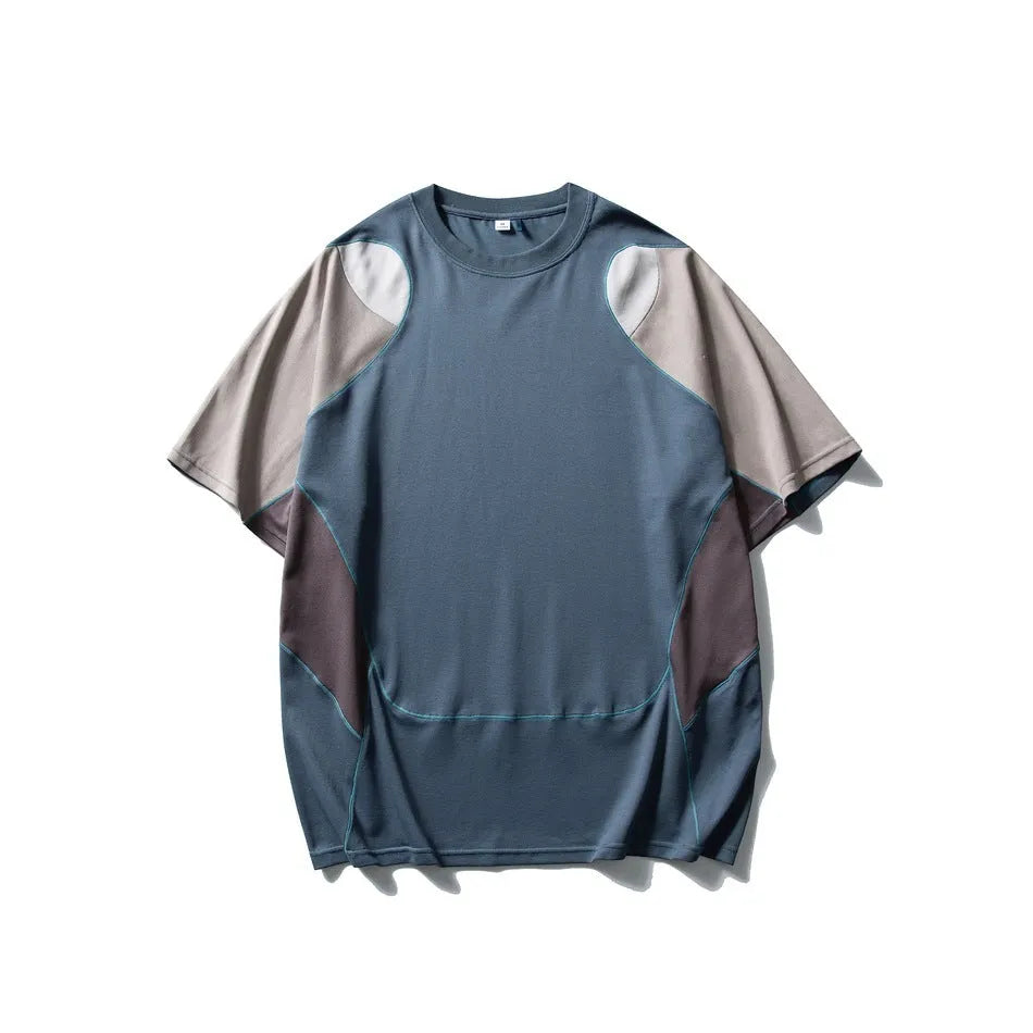 Men's loose blue sports t-shirt with patchwork contrast colour detail and raglan sleeves