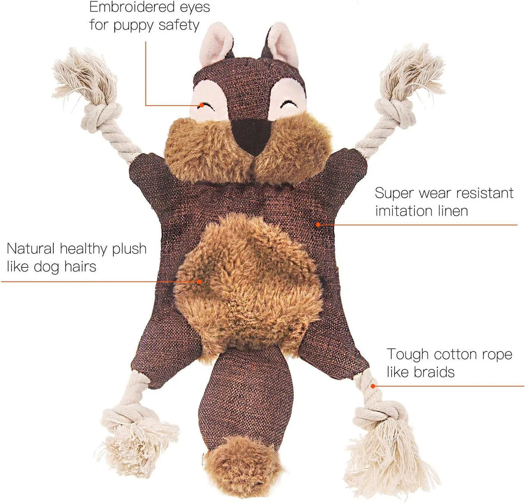Brown fox plush dog toy with squeaker in head, crinkle paper body, and rope limbs for chewing