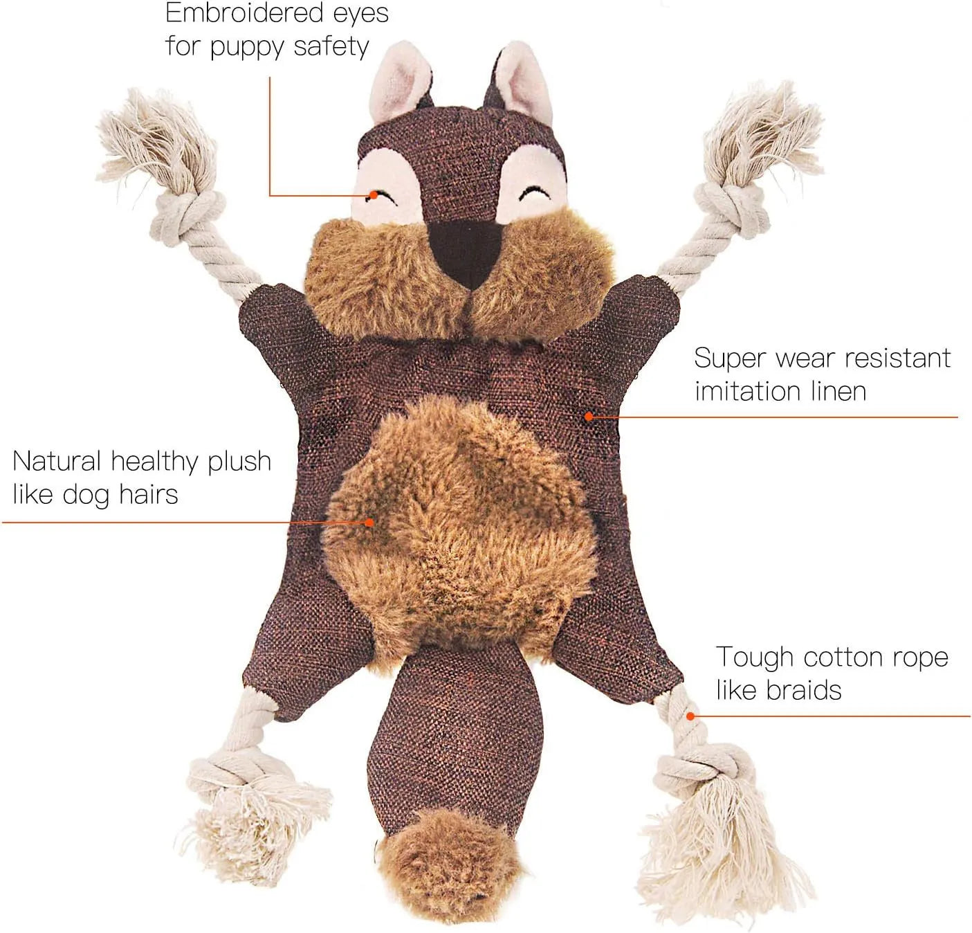 Brown fox plush dog toy with squeaker in head, crinkle paper body, and rope limbs for chewing