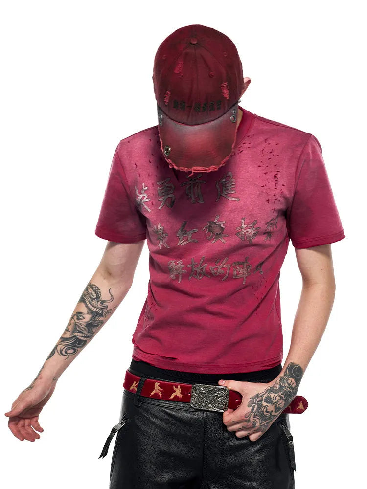 Red men's slim-fit t-shirt with distressed detailing and short sleeves