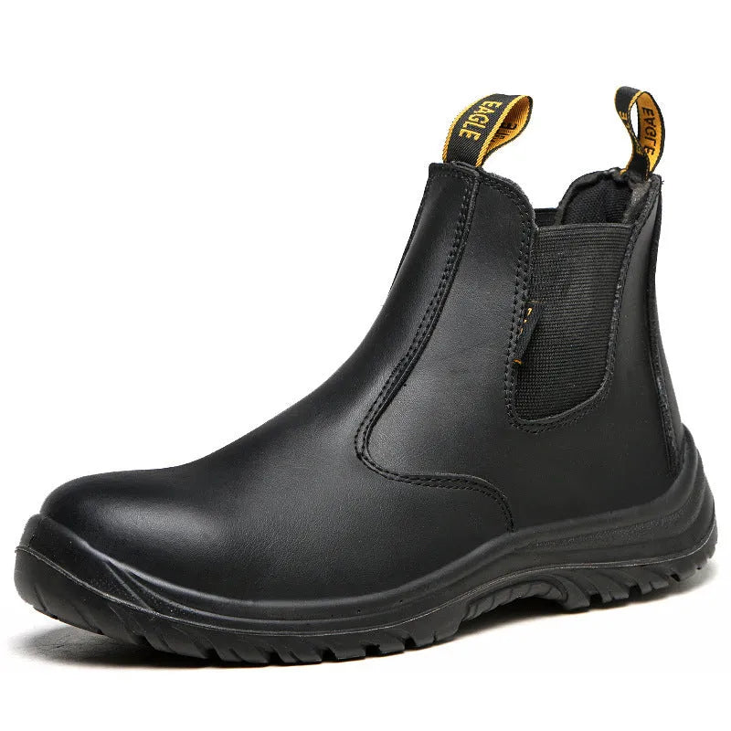 Black leather safety boots with high-top design and steel anti-piercing midsoles for workplace protection