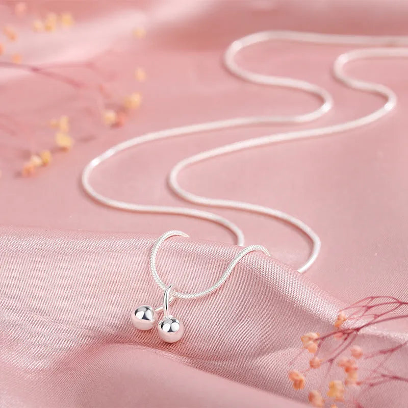 S925 silver cherry pendant necklace with adjustable snake bones chain for women