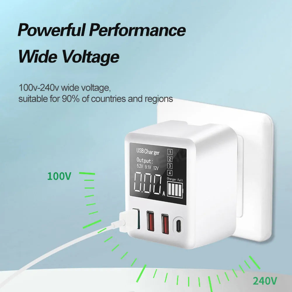 White 4-port QC3.0 and Type-C fast travel charger with optional international plugs on a table.
